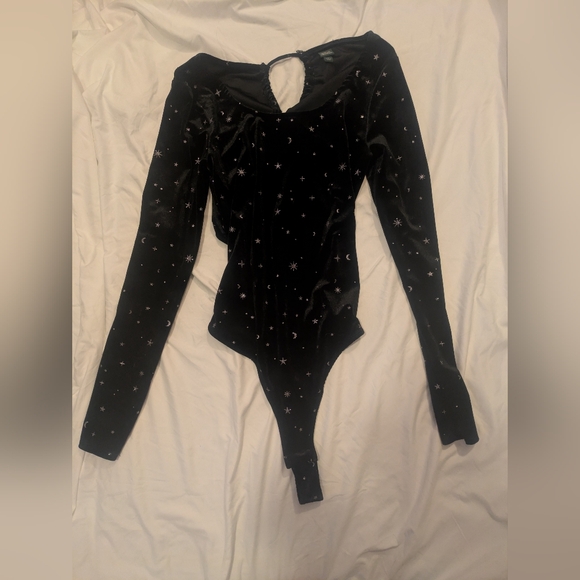 Whimsigoth Open Back Celestial Velvet Bodysuit in Midnight Black - Picture 5 of 8